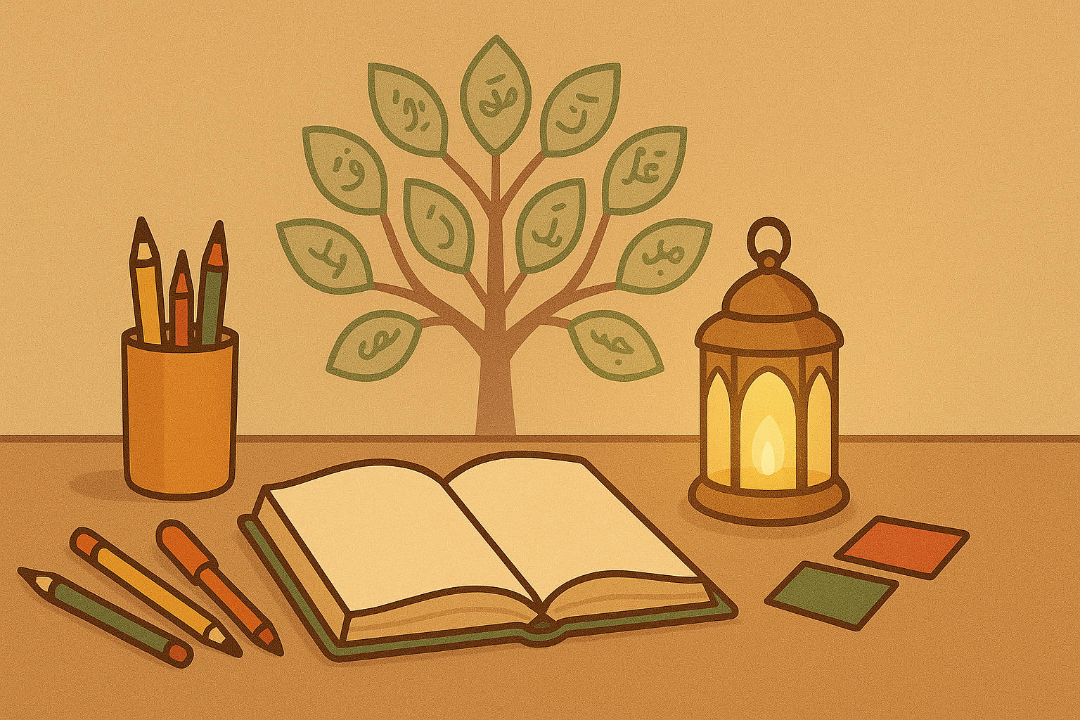 Cartoon illustration of an open Islamic book on a table with colored pencils, a glowing lantern, and a tree with Arabic letters on its leaves. Peaceful educational scene symbolizing learning from the Quran, Islamic parenting, and children’s spiritual growth.