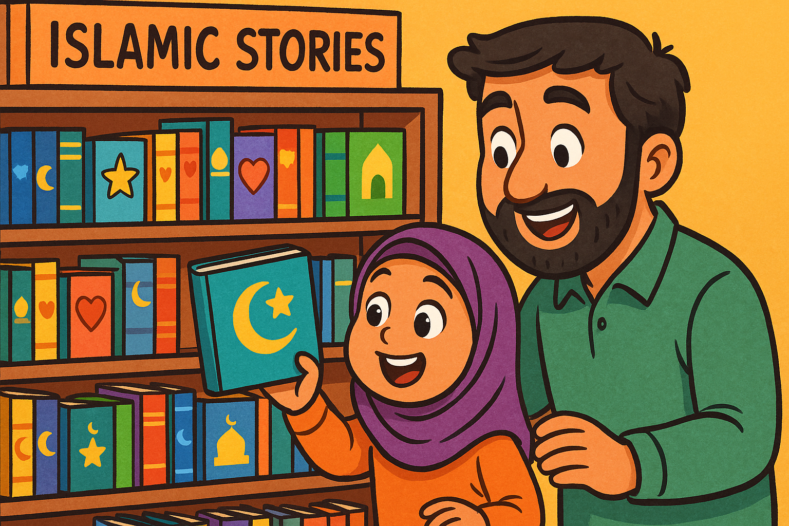 Father and daughter choosing an Islamic storybook from a bookshelf.