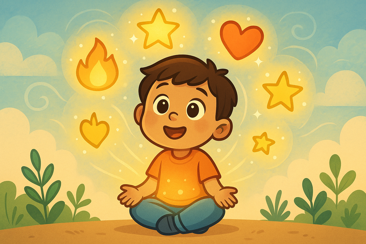 Smiling boy sitting outside surrounded by glowing stars, hearts, and a flame symbol.