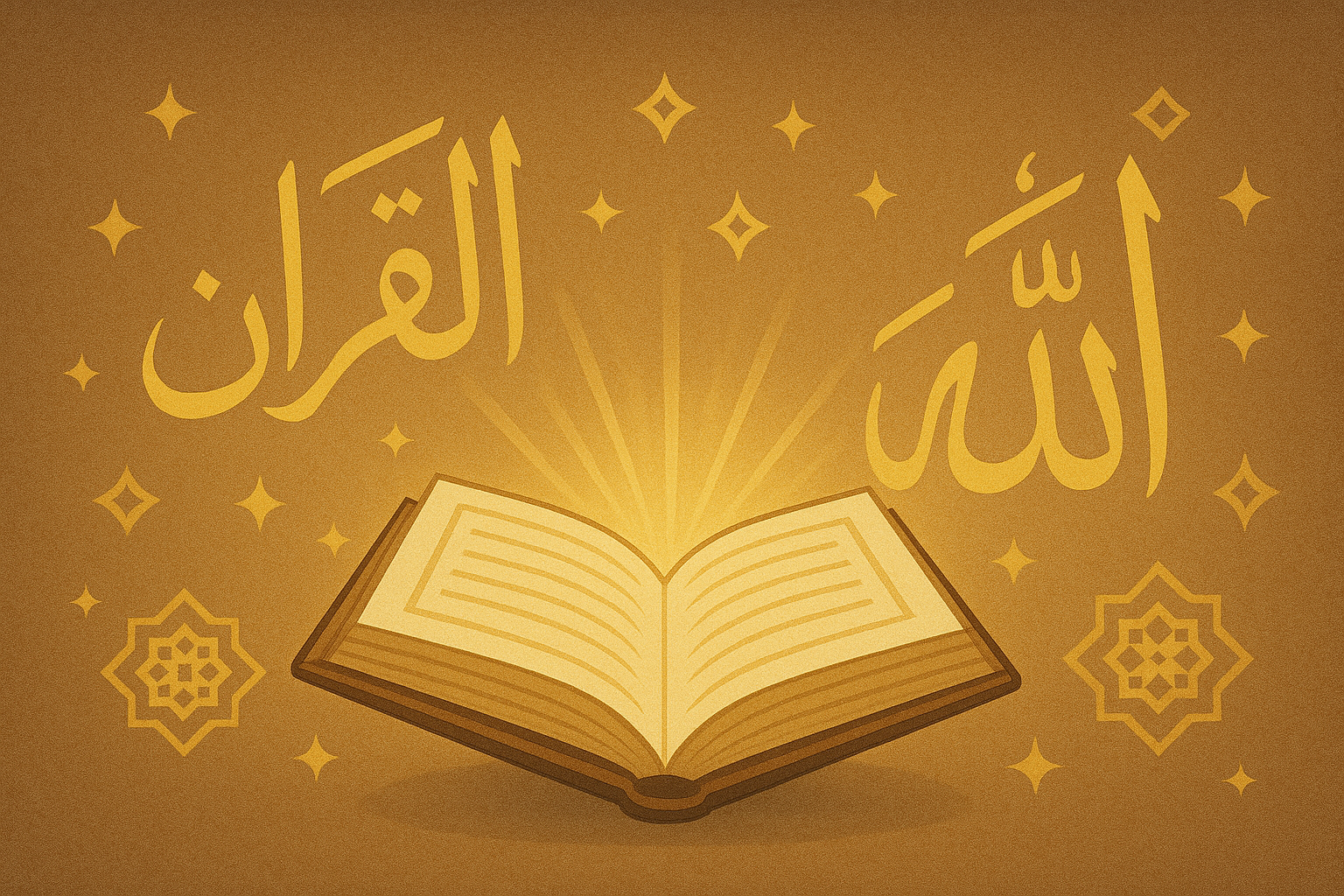 Cartoon illustration of an open Quran radiating golden light, surrounded by Islamic geometric patterns and Arabic calligraphy for “Allah” and “Al-Qur’an.” The glowing design symbolizes divine guidance, faith, and the wisdom of the Holy Quran.