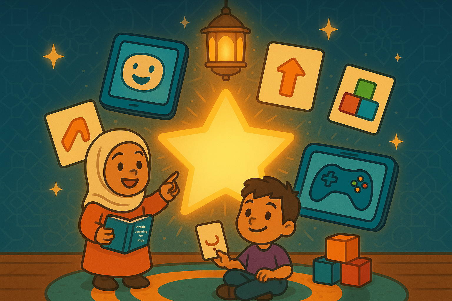 Muslim children learning Arabic through educational games and books under a glowing star and lantern, symbolizing fun and faith-based learning.