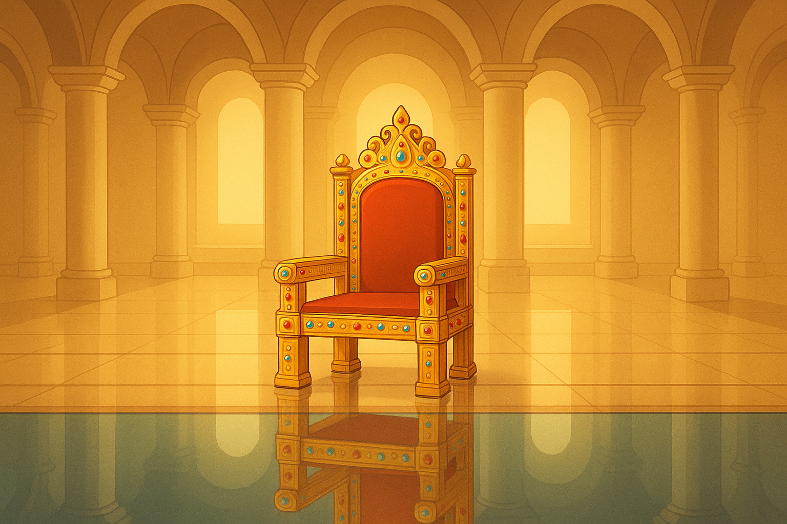 Illustration of Queen Sheba’s golden jeweled throne in a grand hall with marble arches and a reflective glass floor, symbolizing the story of Prophet Solomon and Queen Sheba in Islam.