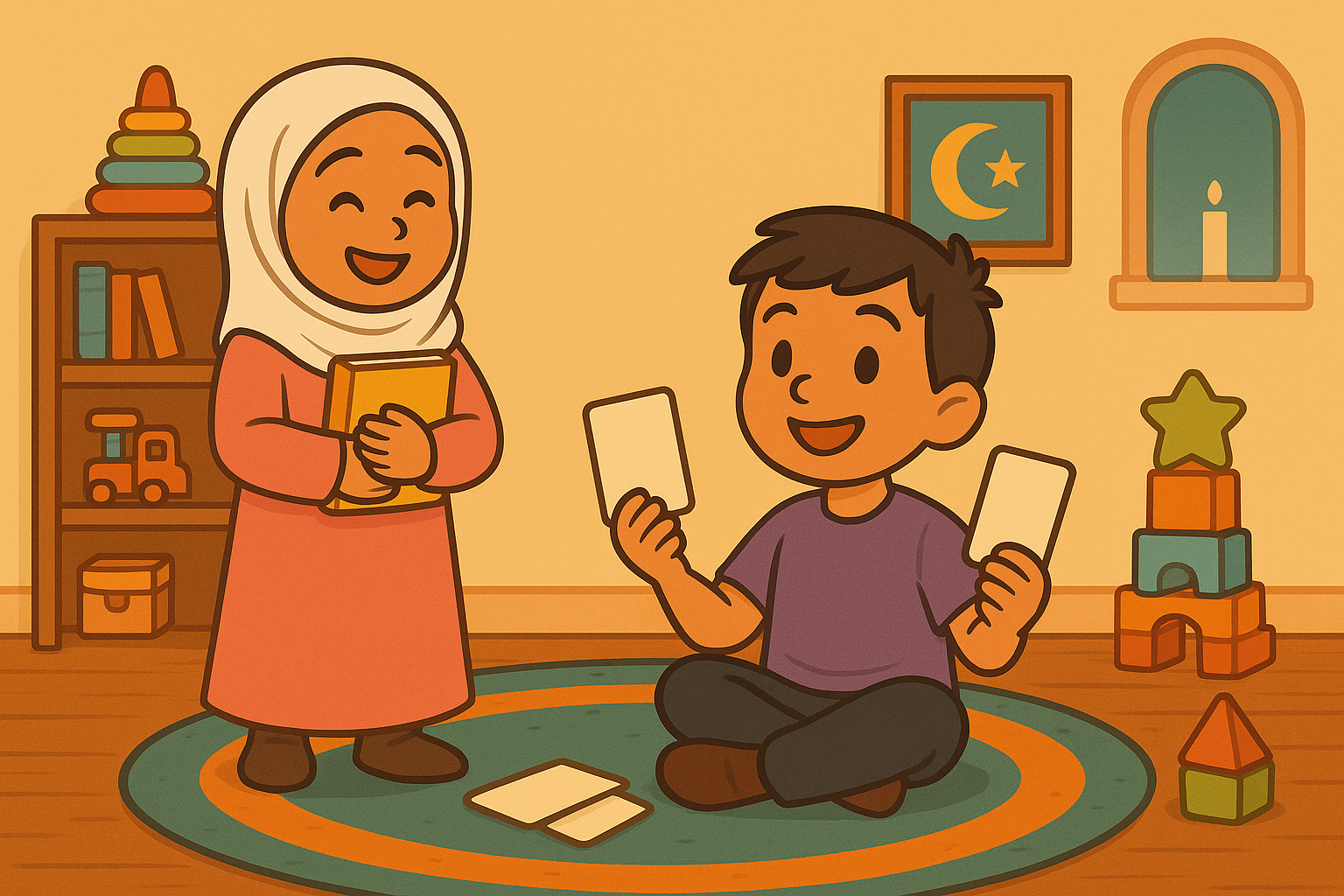 Muslim children learning Arabic through flashcards at home in a warm, playful setting.