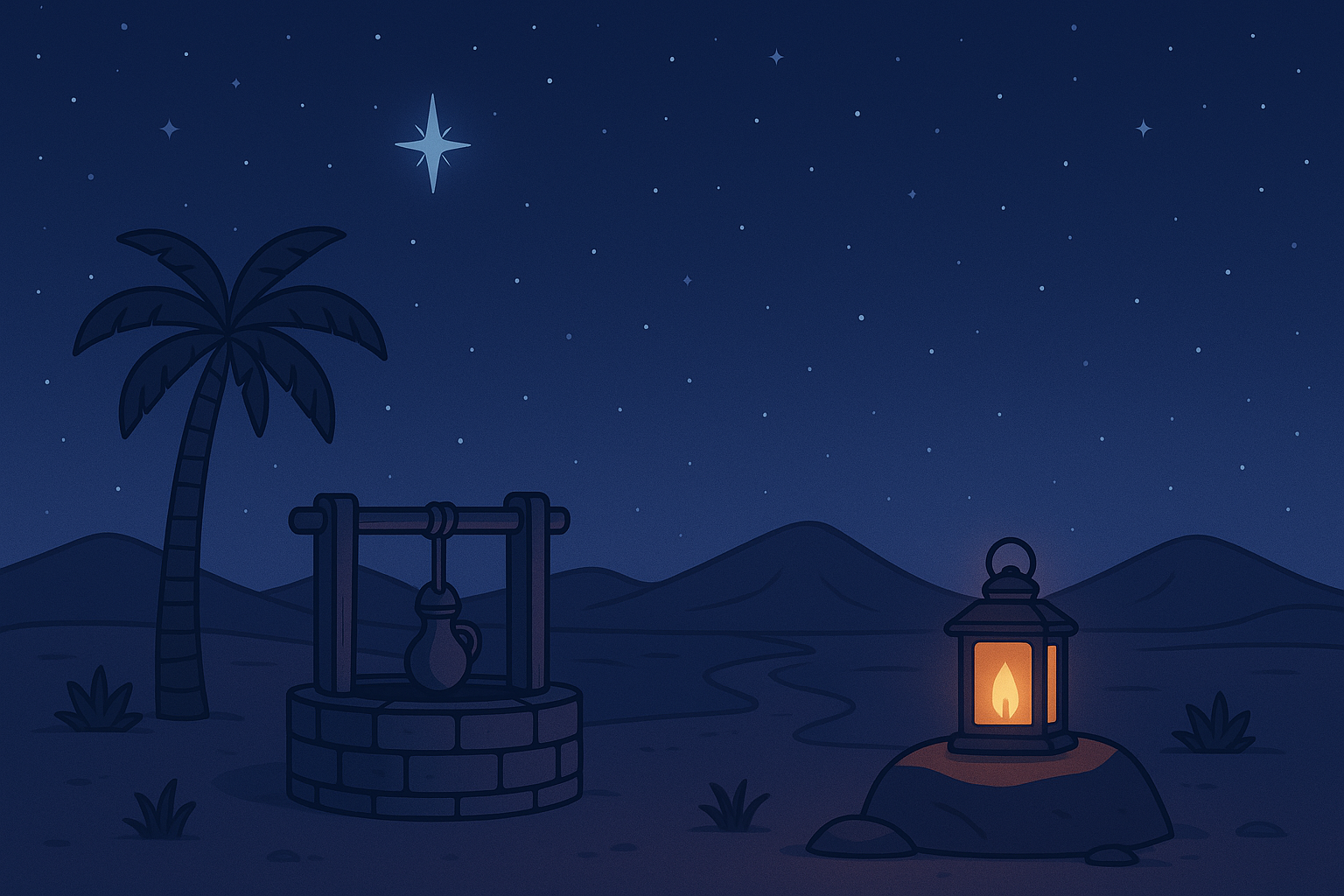 Animated desert night scene with a star-filled sky and a glowing lantern beside an ancient well.