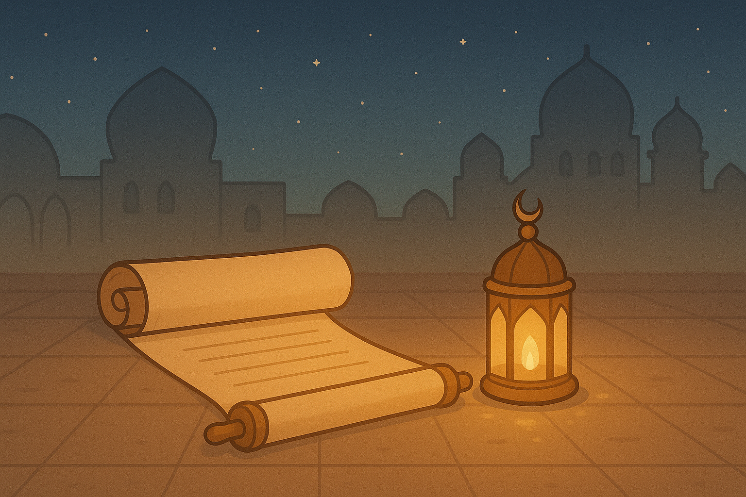 Cartoon illustration of an ancient scroll and glowing lantern with crescent moon on top, placed on tiled ground under a starry sky with mosque silhouettes in the background. Islamic night scene symbolizing wisdom, Quranic teachings, and stories from the prophets.