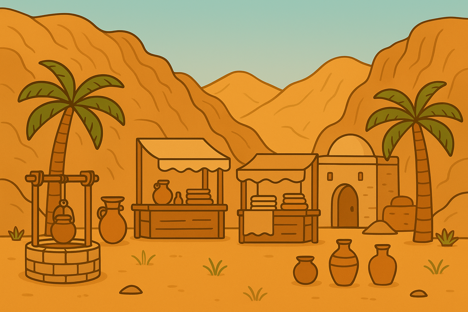 Animated desert village with palm trees, cliffs, market stalls displaying pottery and cloth, and a small stone well.