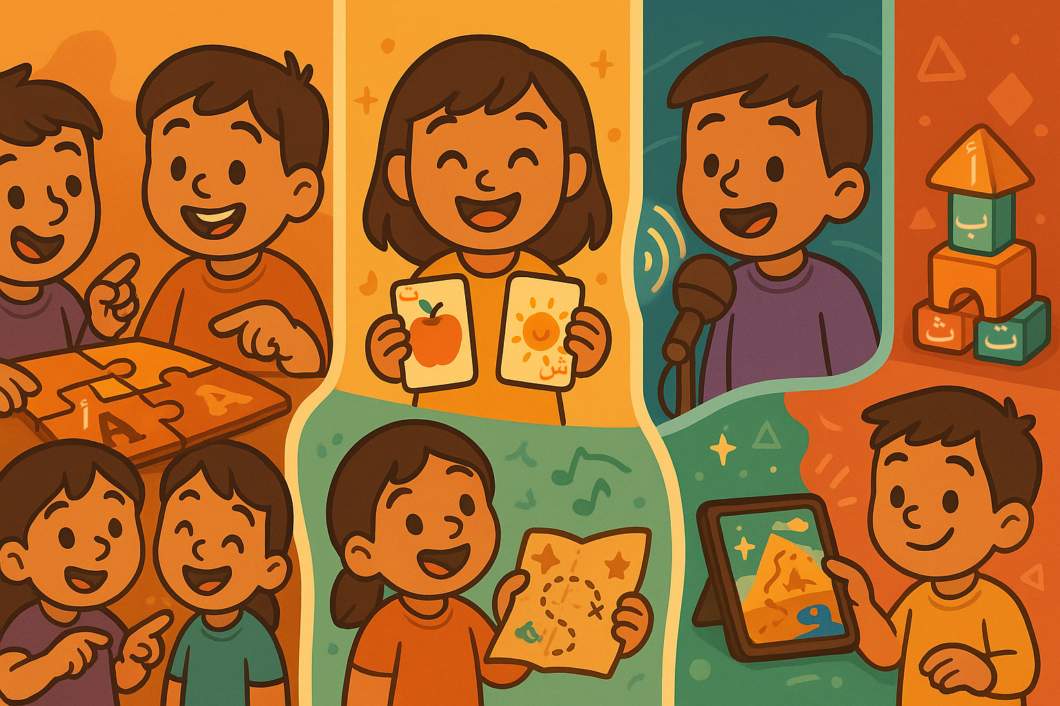 Kids playing fun Arabic learning games using puzzles, flashcards, and tablets in a colorful, educational setting.