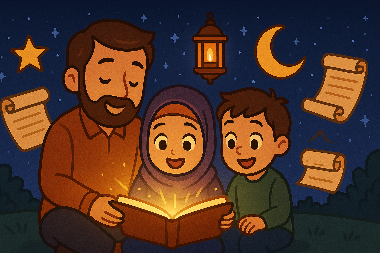 Father reading an Islamic storybook with his son and daughter under the night sky.