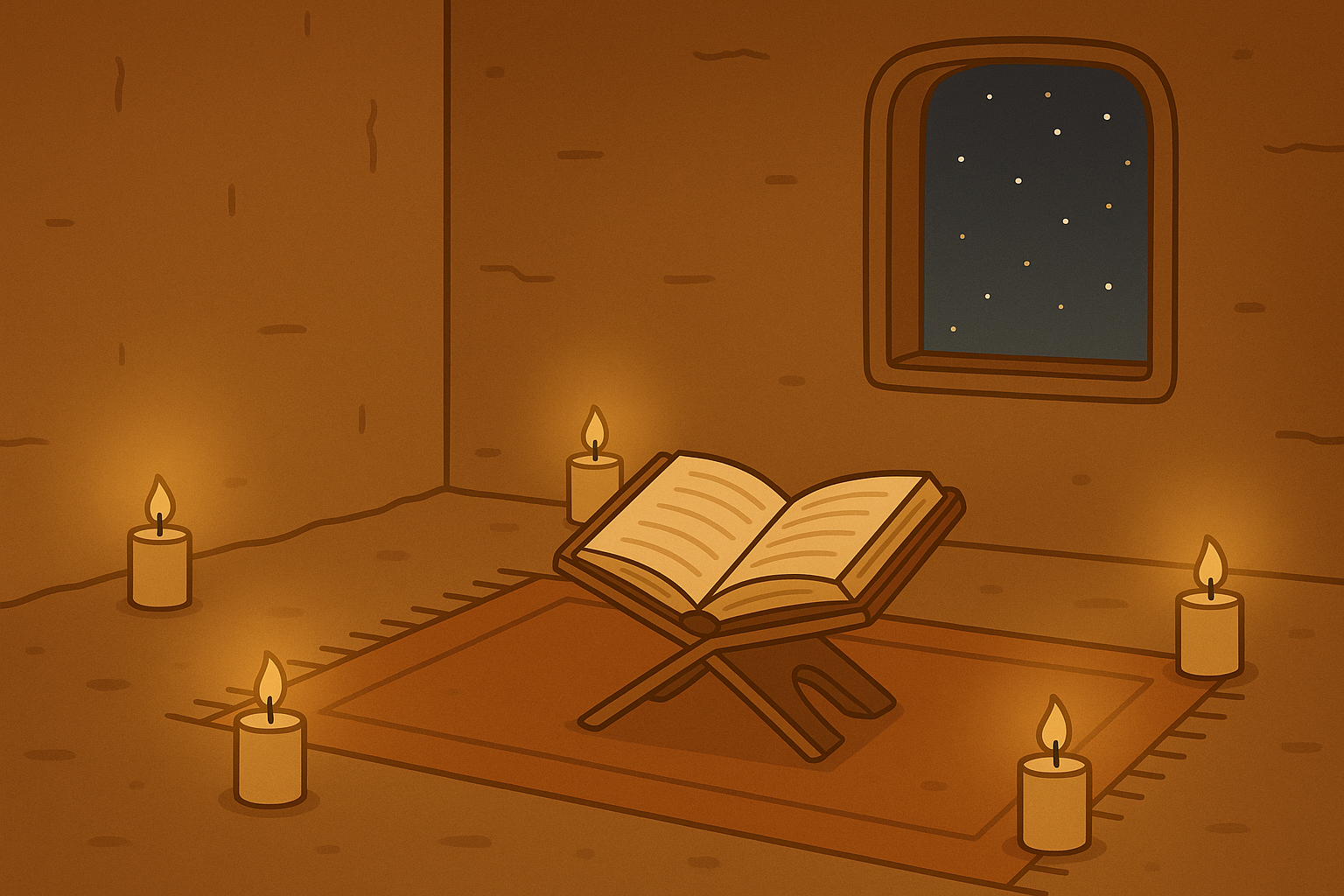 Animated scene of an open Quran standing glowing under soft candlelight in a clay-walled room, with a starry night visible through the window symbolizing divine wisdom.