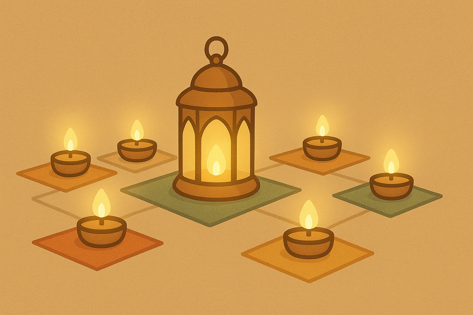 Cartoon illustration of an Islamic lantern surrounded by small glowing oil lamps on colorful mats, symbolizing light, guidance, and faith. Warm golden tones create a peaceful atmosphere representing Quranic wisdom and spiritual growth.