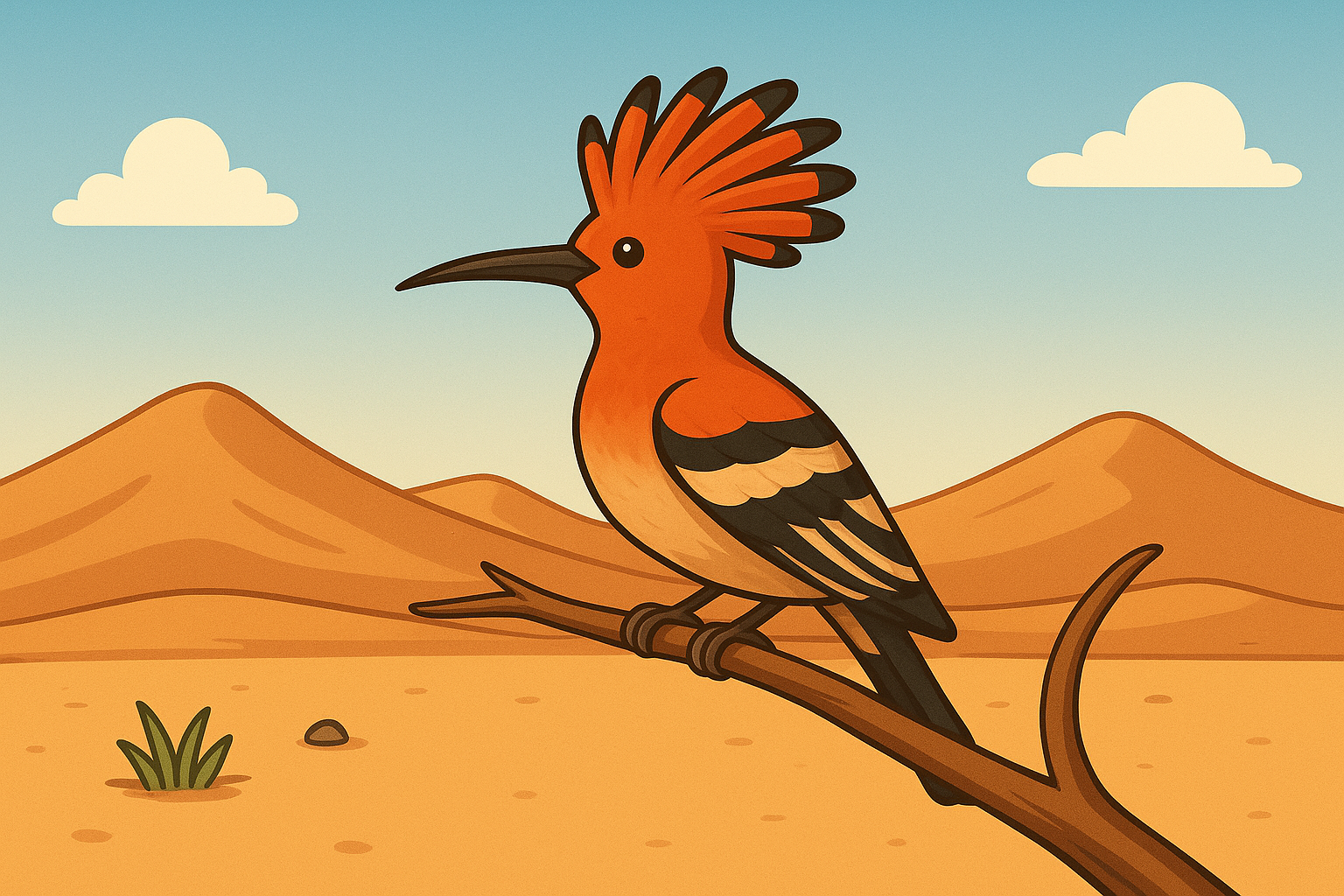 Illustration of the hoopoe bird (Hudhud) sitting on a branch in the desert, representing the bird in the Quran story of Prophet Solomon and Queen Sheba.
