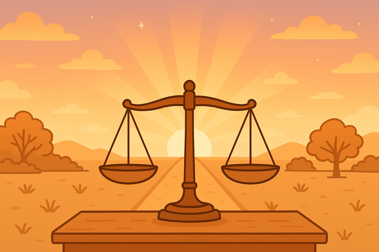 Animated scene with balanced scales beside an open desert road leading to a bright sunrise.
